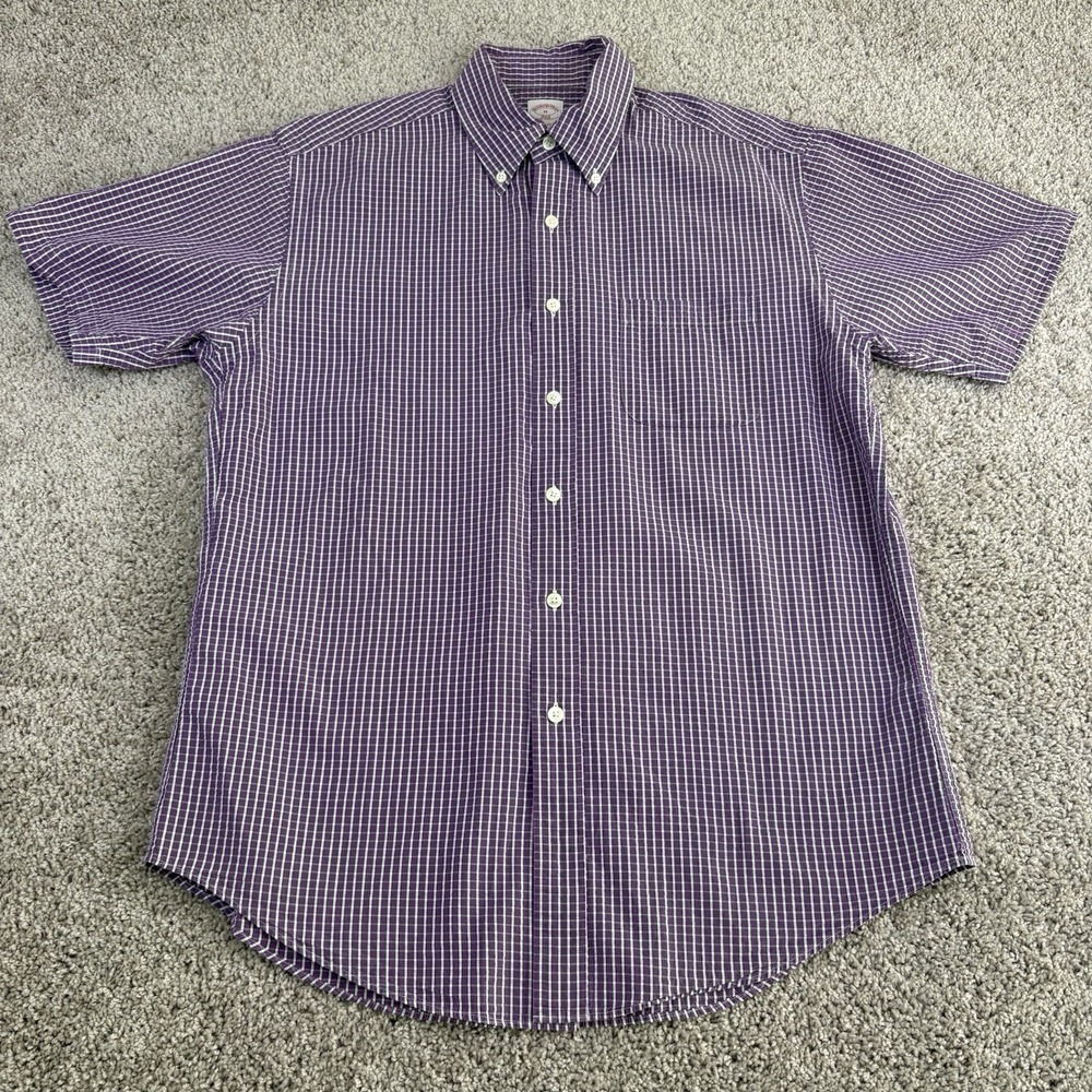 Brooks Brothers Shirt Mens M Button Down Short Sleeve Purple Plaid Cotton Prep